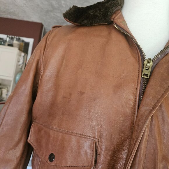 Vintage USA Men's SCHOTT BIKER FUR LINED BROWN LEATHER BOMBER Jacket Sz 44 - Picture 2 of 16